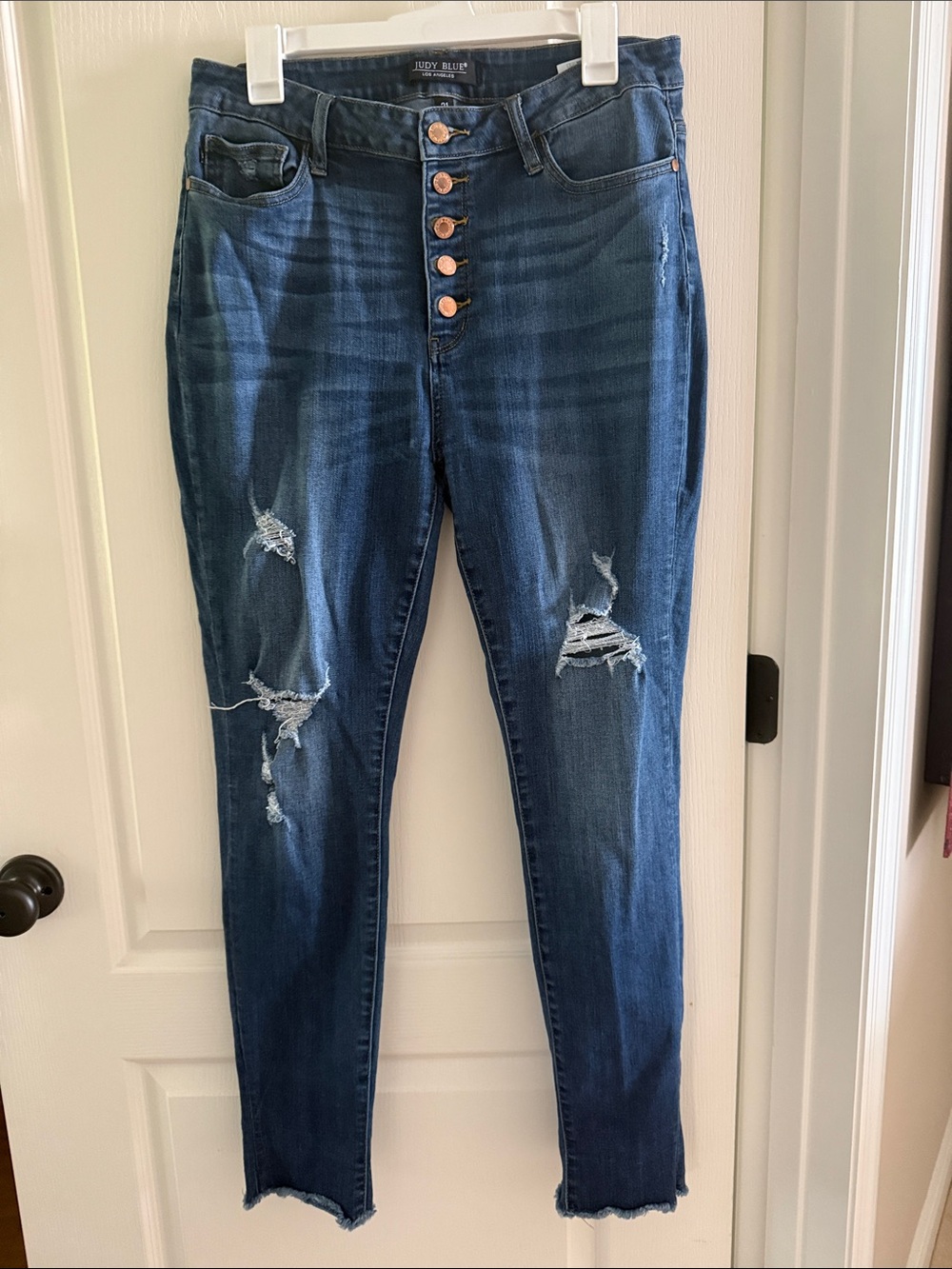 Judy Blue Dark Blue Distressed High-Rise Button-Fly Skinny Jeans